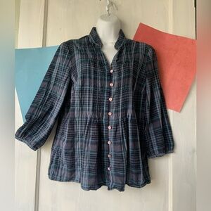 St. John's Bay Blue Multicolor Plaid Button Down Boho Blouse Sz M